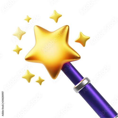 Golden Star Wand with Floating Sparkles on White Background