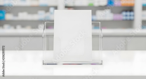 Blank white paper in clear acrylic display stand on pharmacy counter with blurred background of medicine shelves.