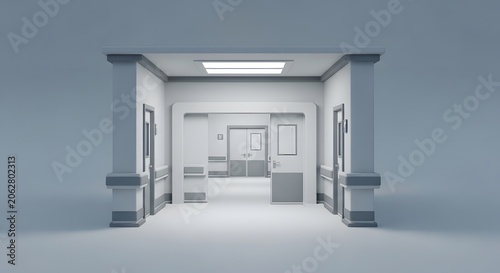 Minimalist hospital corridor interior, clean medical clinic hallway with doors, sterile healthcare facility background for architectural visualization