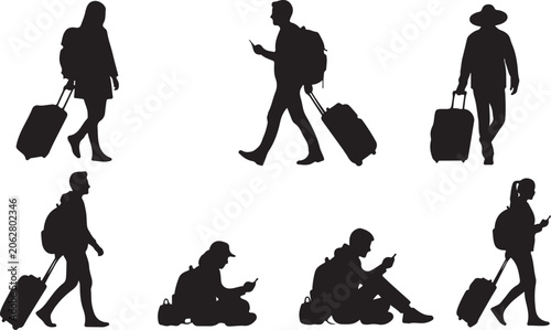 Bild auf Leinwand Travel, tourist, silhouette icons, black, vector isolated on Transparent Backgro