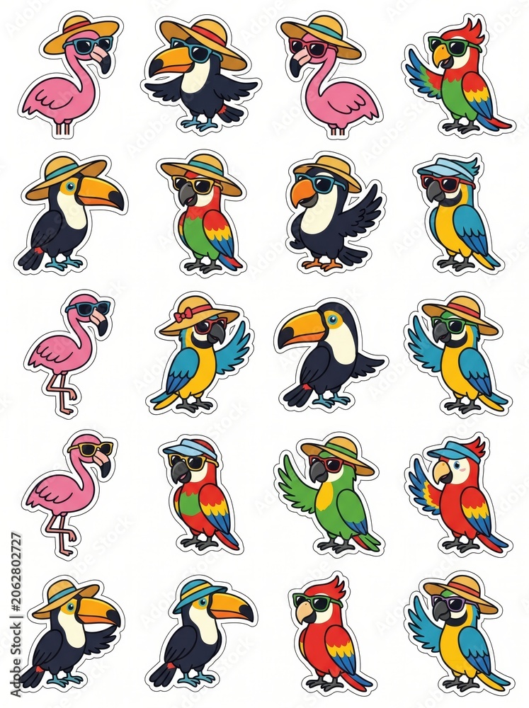 Obraz premium set of cute cartoon tropical birds wearing sunglasses and hats. flamingo, toucan and parrot mascots. summer vacation concept. funny animal sticker pack, clipart collection, print design.