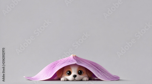 Adorable 3D Style Puppy Peeking from Under a Purple Flower Petal Background with room for Text