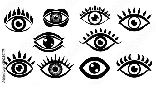 Set of decorative eye icons with unique lashes and pupil designs