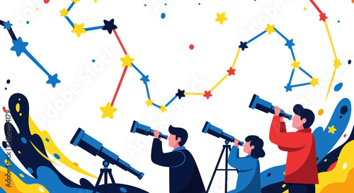People observing constellations through telescopes in a starry sky