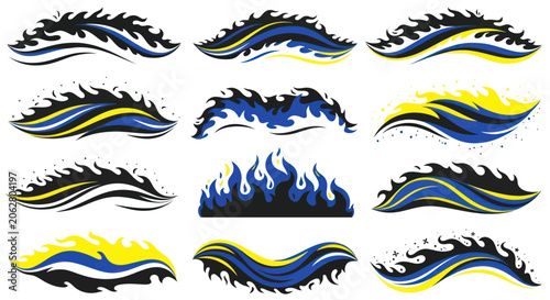 Blue and yellow tribal flame decals for vehicle pinstriping