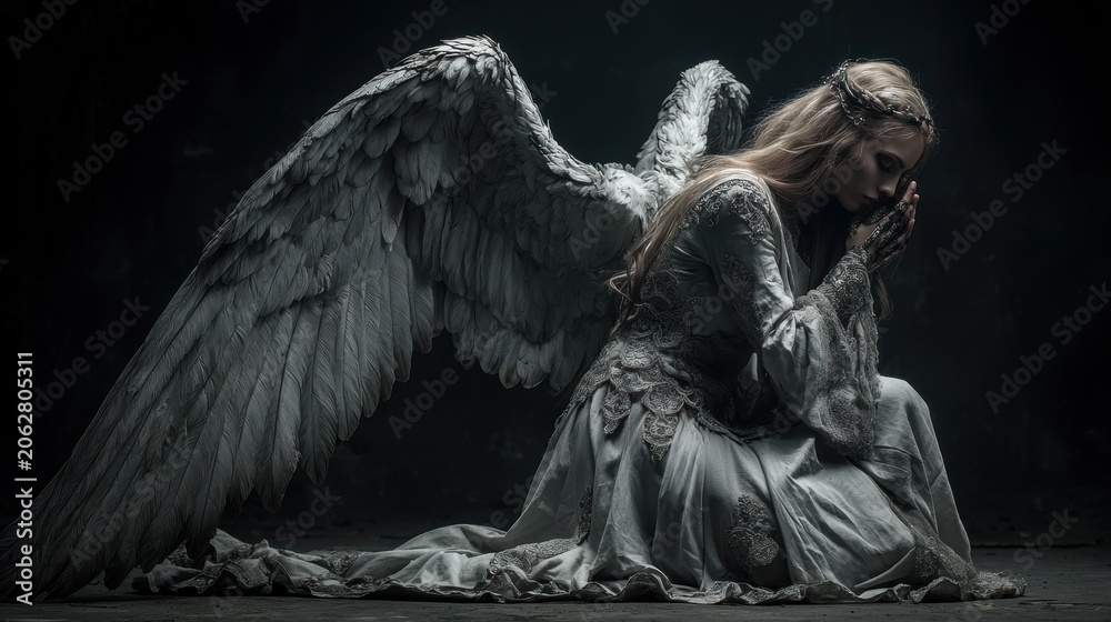 Fototapeta premium Fantasy wallpaper. A dark, moody portrayal of an angel. The angel, with large, detailed wings, is depicted in a contemplative pose. She wears a flowing.