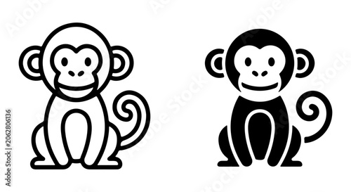 Photography Cute Monkey Icons, Simple Vector Graphics, Black and White Animal Illustrations,