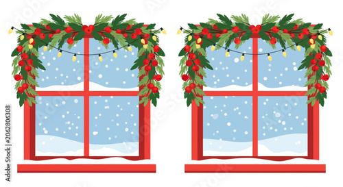 Red window frames decorated with christmas greenery and berries