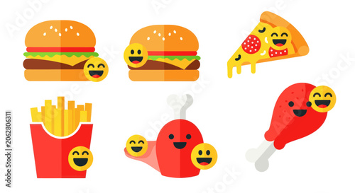 Fast food icons with cheerful emoji faces and vibrant colors
