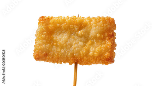 Bild auf Leinwand Golden crispy fried fish finger on wooden skewer, isolated on transparent backgr