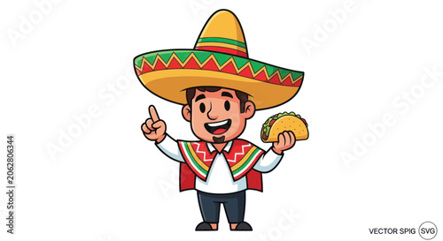 Smiling mexican man wearing sombrero holding a taco and pointing up