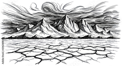 Dramatic mountain range over cracked desert floor sketch