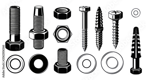Set of industrial metal fasteners including bolts nuts and screws