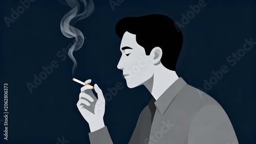A calm flat vector illustration of a thoughtful man in a gray shirt smoking a cigarette.