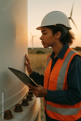 Technician Inspecting Wind Turbine Base at Golden Hour [2x3]
