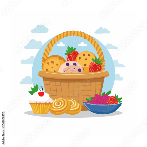 Flat design basket of summer fruits and mushroom
