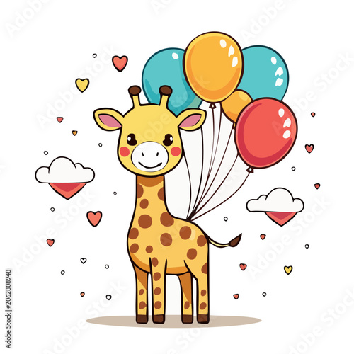Cartoon giraffe with heart balloons and confetti
