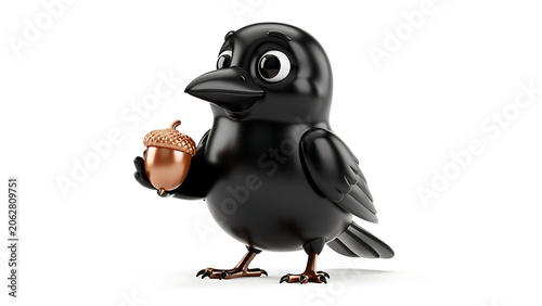A charming 3D rendered black cartoon bird holding a shiny copper acorn on a white background.
