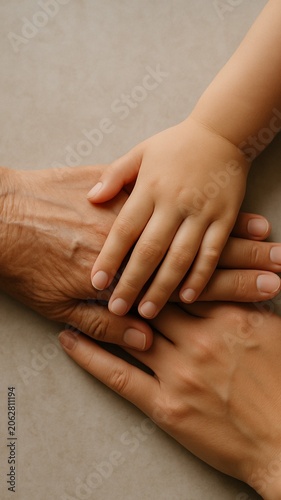Three Generations Hands Joined Together Overhead View [9x16]