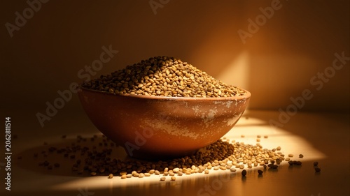 Weathered terracotta bowl of cumin seeds tilted upward [16x9]