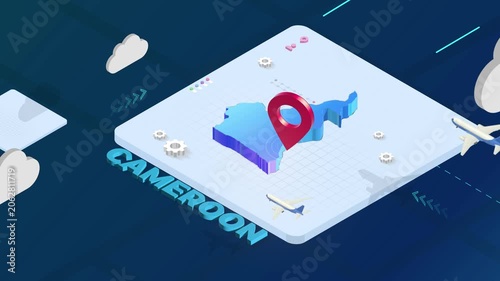 Isometric 3D Render of Cameroon Map with Red Location Pin Pointer and Floating Airplanes