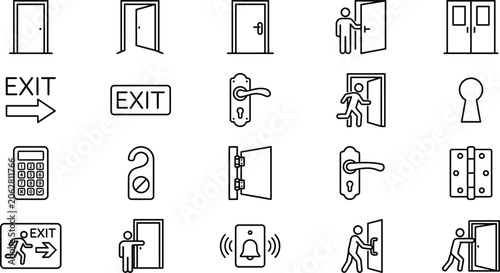 Door and exit line icon set with emergency sign, handle, and security lock vector illustration
