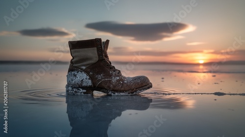 Weathered Boot Reflection on Salt Pan at Dawn [16x9]