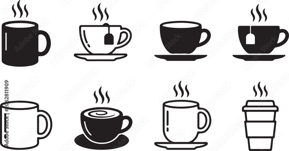 Obraz premium Set of coffee and tea cup icons and hot beverage illustrations with beverage