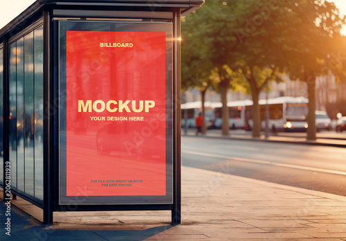 Bus Shelter Billboard Mockup at Sunset