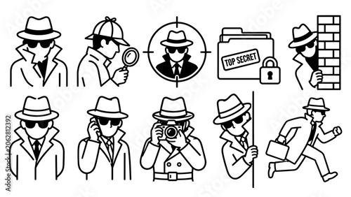 Professional detective and secret agent icon collection featuring surveillance, investigation, evidence gathering, undercover work, espionage, and security operations.