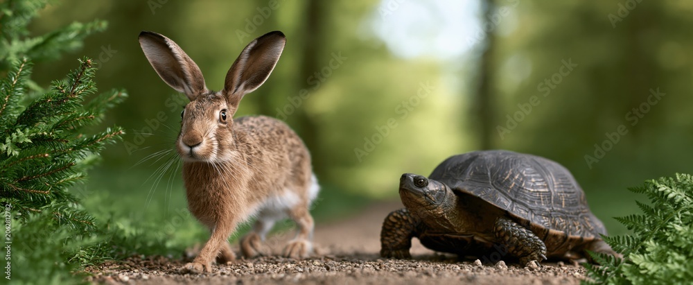 Naklejka premium Hare and turtle on forest path symbolizing persistence and playful rivalry in a vibrant natural setting.