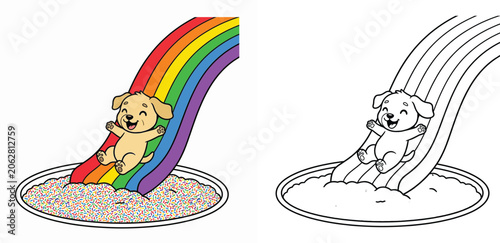 Canvas Print Cute Puppy Sliding Down Rainbow Into Sprinkles Coloring Page and Colored Vector