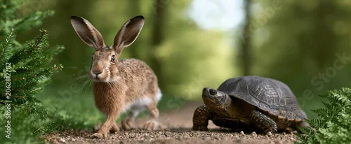 Panel kuchenny z motywem Hare and turtle on forest path symbolizing persistence and playful rivalry in a vibrant natural setting.
