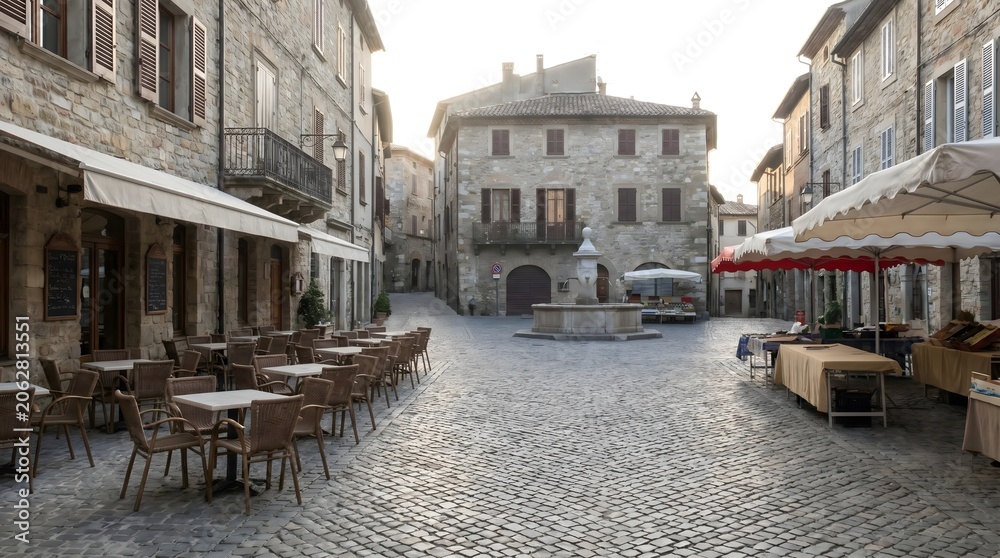 Fototapeta premium Empty Cobblestone Street in Historic European Town with Outdoor Cafes and Soft Morning Light
