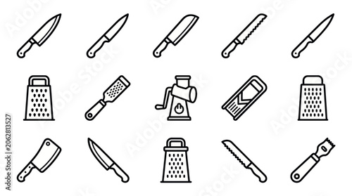 Canvastavla Kitchen cutting and grating tools line icon set