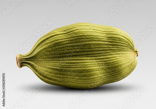 Single green cardamom pod with subtle shadow on a clean studio background for culinary use