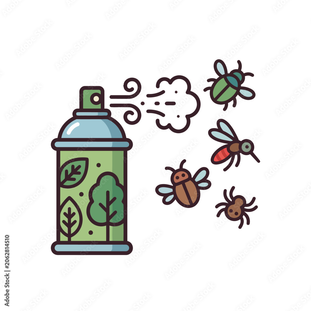 Naklejka premium A green aerosol spray can repelling various flying insects