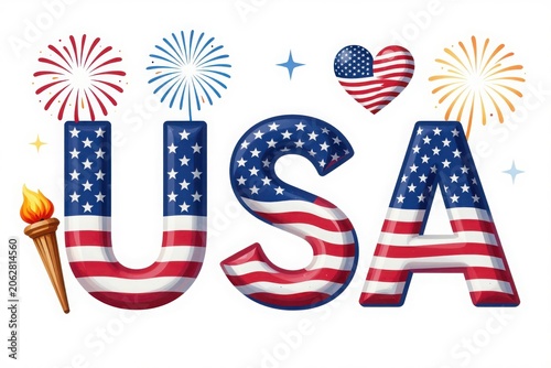 Usa patriotic letters with fireworks and torch