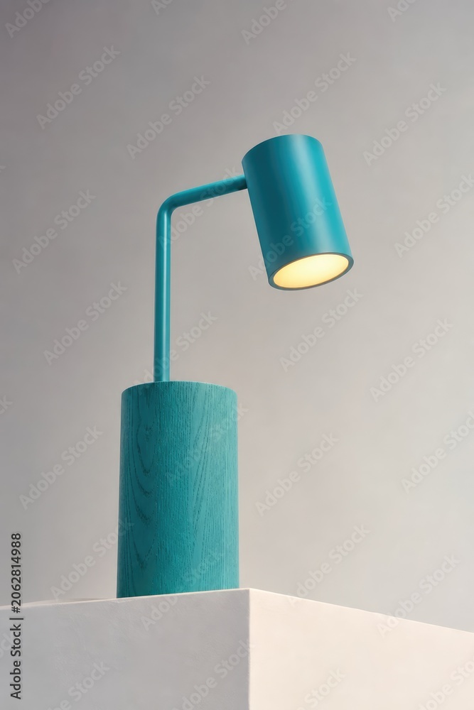 Obraz premium Modern minimalist wall-mounted reading lamp with turquoise metal arm and base, emitting warm ambient light against neutral background, contemporary interior design accent lighting