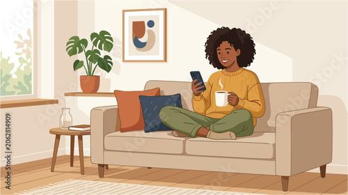 Woman Relaxing on Sofa with Coffee and Phone