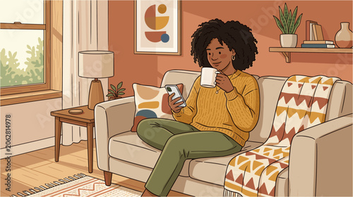 Relaxed Woman Drinking Coffee on Sofa in Living Room