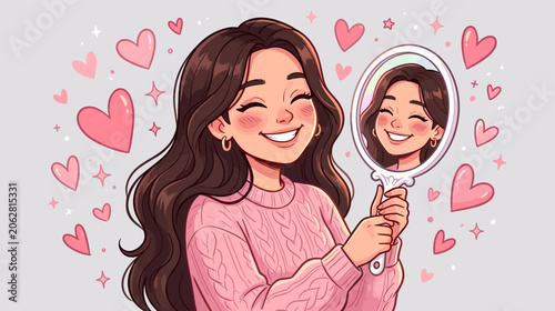 Woman Holding Mirror Surrounded by Hearts