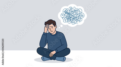 Man sitting stressed with thought bubble