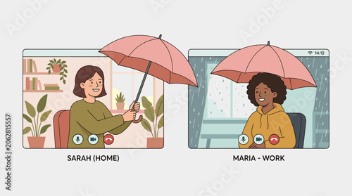 Working from home on a rainy day with umbrella