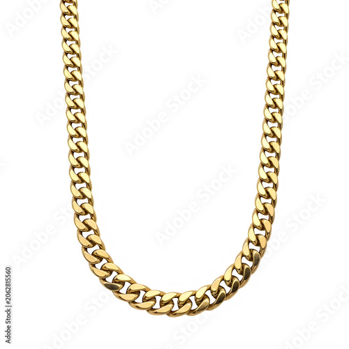 Gold rope-style chain necklace on white background