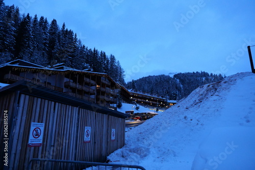Snowy night landscape during Christmas time in Obereggen, South Tyrol, Italy

