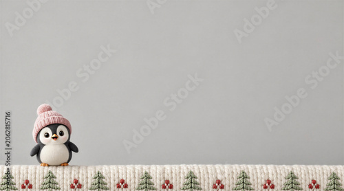 Cute 3D Penguin in Pink Beanie on Knitted Christmas Border Background with Room for Text