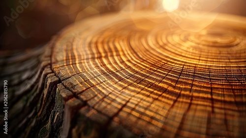 Tree stump cross section concentric growth rings close up