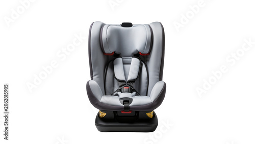 Modern grey child car seat with safety harness, isolated on transparent background