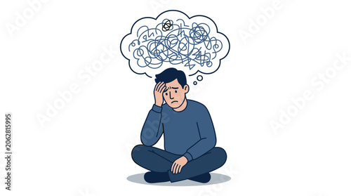 Man sitting with head in hand, overwhelmed by tangled thoughts in a speech bubble